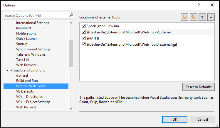 Visual Studio External Web Tools Options