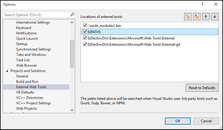 Visual Studio External Web Tools Path Moved Higher