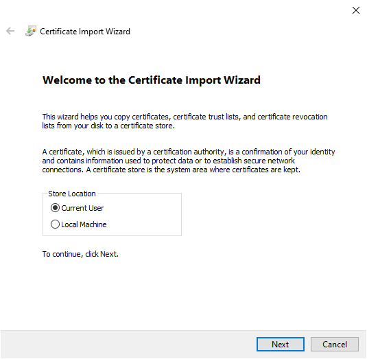 certificate import wizard current user