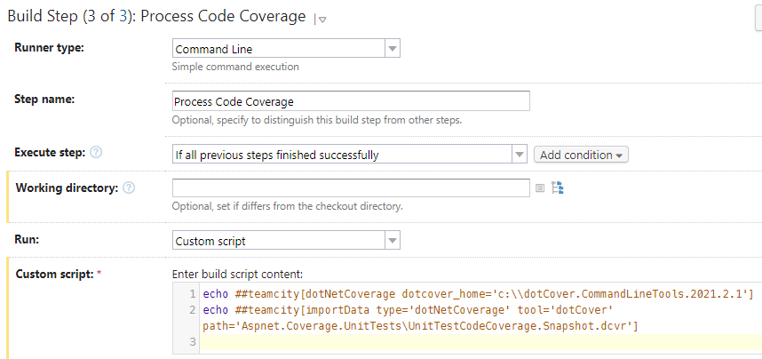 Process Code Coverage Build Step Configuration