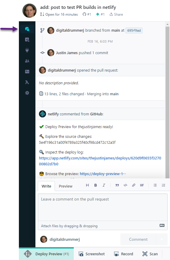 Netlify activity section in the sidebar in preview