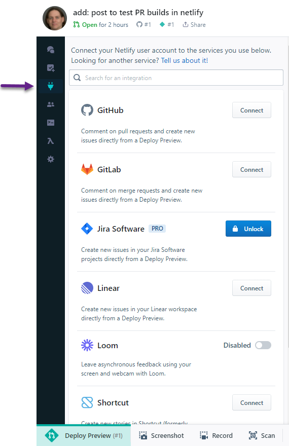 Netlify sidebar integrations in preview