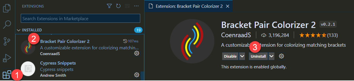 Uninstall Bracket Pair Colorizer 2